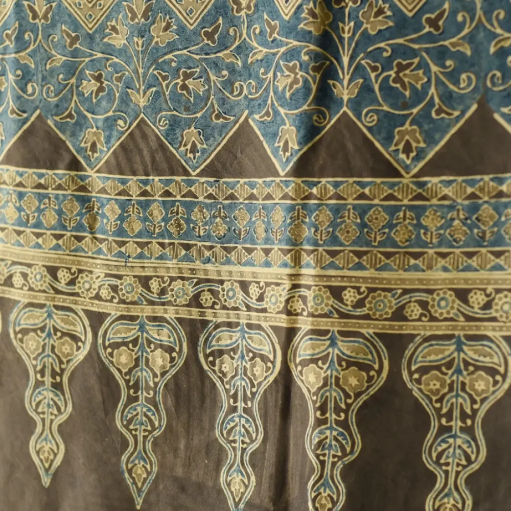 mulberry silk ajrakh dupatta chocolate brown indigo blue interlocking geometric floral jaal block print sawtooth minaret border hand block printed natural dyed silk dupatta