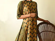 Flower in the Pond ~ Ajrakh Hand Block Printed Cotton A-Line Dress