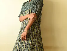 Flower in the Pond ~ Ajrakh Block Print - Cotton Dress