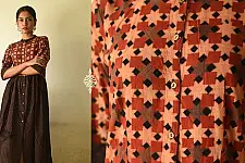 Flower in the Pond ~ Ajrakh Block Print - Designer Brown Doted Cotton Dress