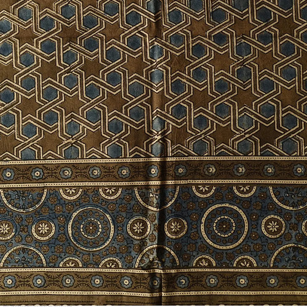 Brown and Indigo dual-toned Ajrakh dupatta with bold ethnic motifs