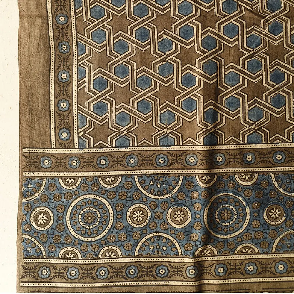 Brown and Indigo dual-toned Ajrakh dupatta with bold ethnic motifs