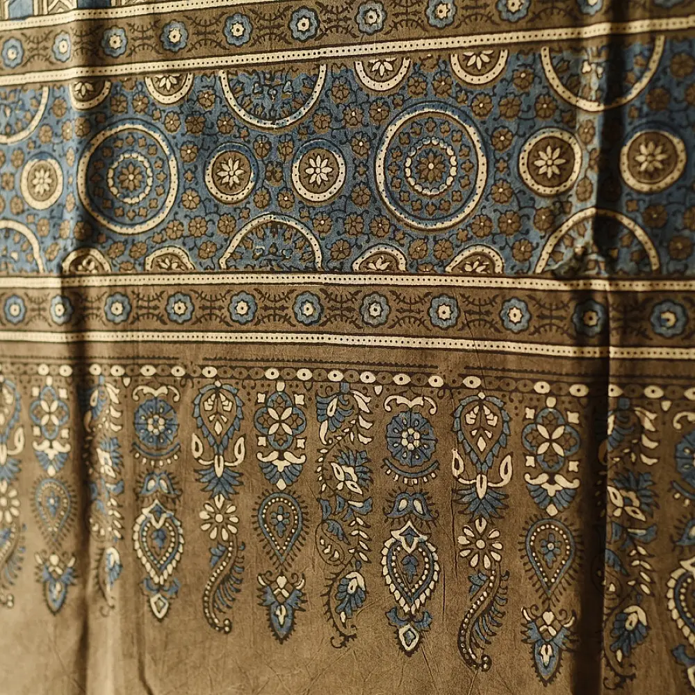 Brown and Indigo dual-toned Ajrakh dupatta with bold ethnic motifs