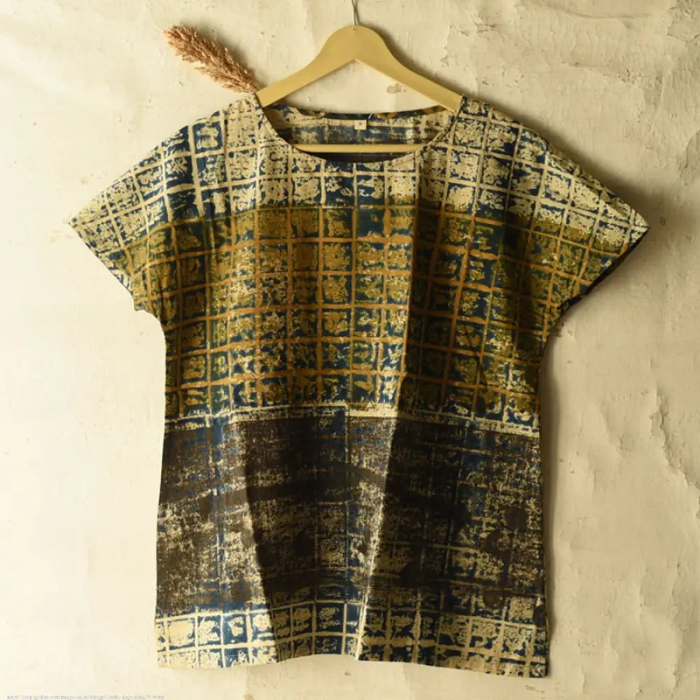 moss green mustard gold indigo blue charcoal ajrakh cotton top horizontal geometric grid block print hand block printed boxy fit artisanal blouse women sustainable fashion natural dyed