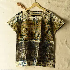 Natural Dyed ~ Ajrakh Cotton Top - Mehndi Green