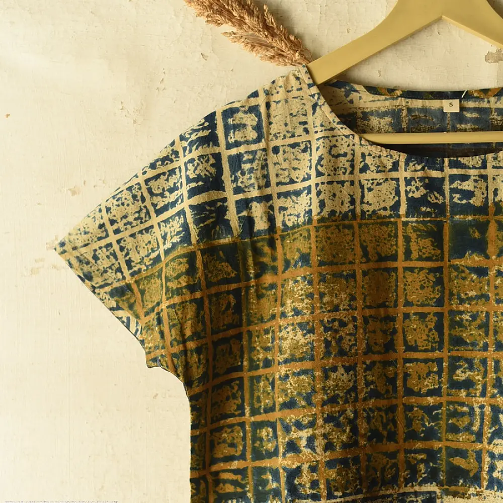 moss green mustard gold indigo blue charcoal ajrakh cotton top horizontal geometric grid block print hand block printed boxy fit artisanal blouse women sustainable fashion natural dyed