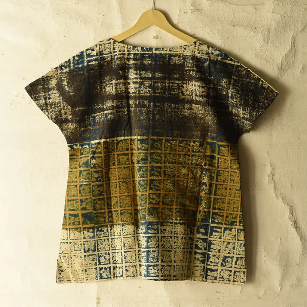 moss green mustard gold indigo blue charcoal ajrakh cotton top horizontal geometric grid block print hand block printed boxy fit artisanal blouse women sustainable fashion natural dyed