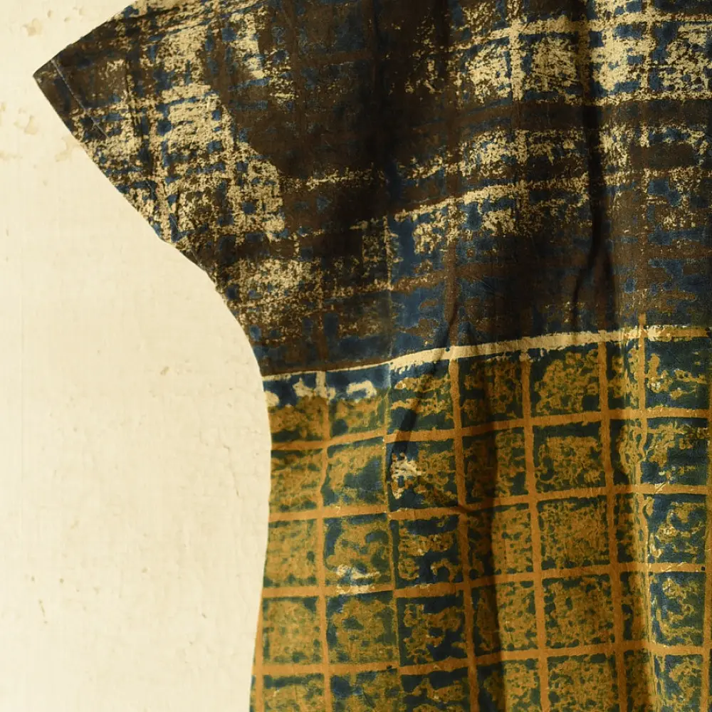 moss green mustard gold indigo blue charcoal ajrakh cotton top horizontal geometric grid block print hand block printed boxy fit artisanal blouse women sustainable fashion natural dyed