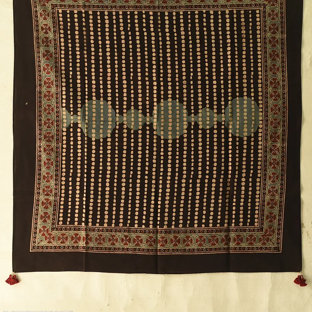 black ajrakh silk square scarf dot buti pattern hand block printed natural dyed scarf tassels