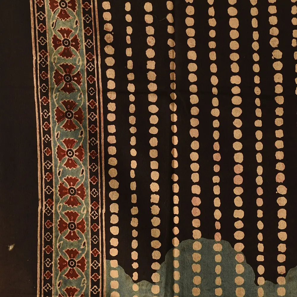 black ajrakh silk square scarf dot buti pattern hand block printed natural dyed scarf tassels