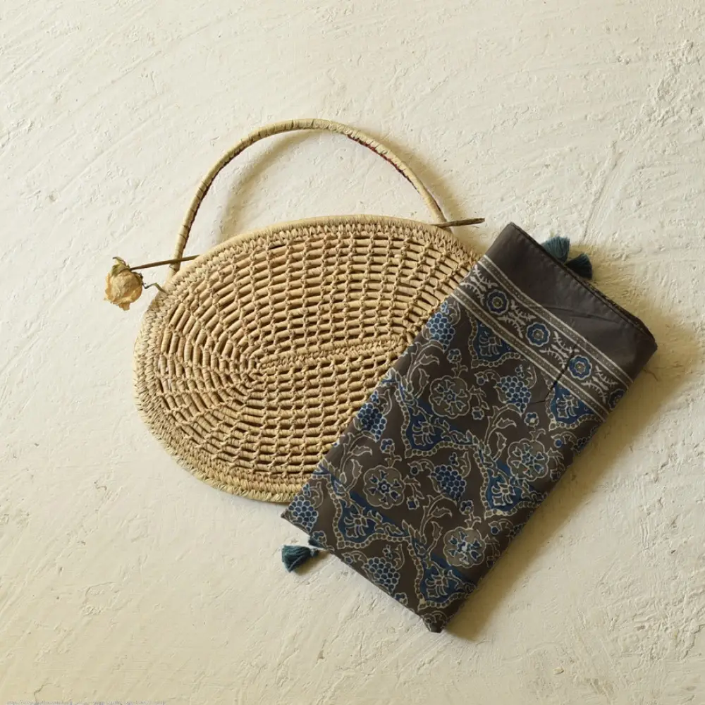 moss green teal blue ajrakh cotton stole hand block printed floral vine jaal body ornate circular medallion border traditional artisanal scarf sustainable fashion natural dyed with tassels