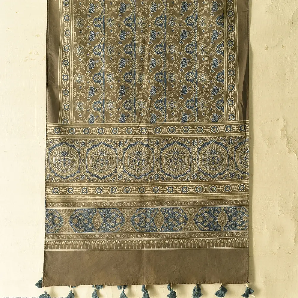 moss green teal blue ajrakh cotton stole hand block printed floral vine jaal body ornate circular medallion border traditional artisanal scarf sustainable fashion natural dyed with tassels