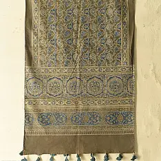 Amoha . अमोहा | Ajrakh Printed - Greenish Grey Cotton Stole