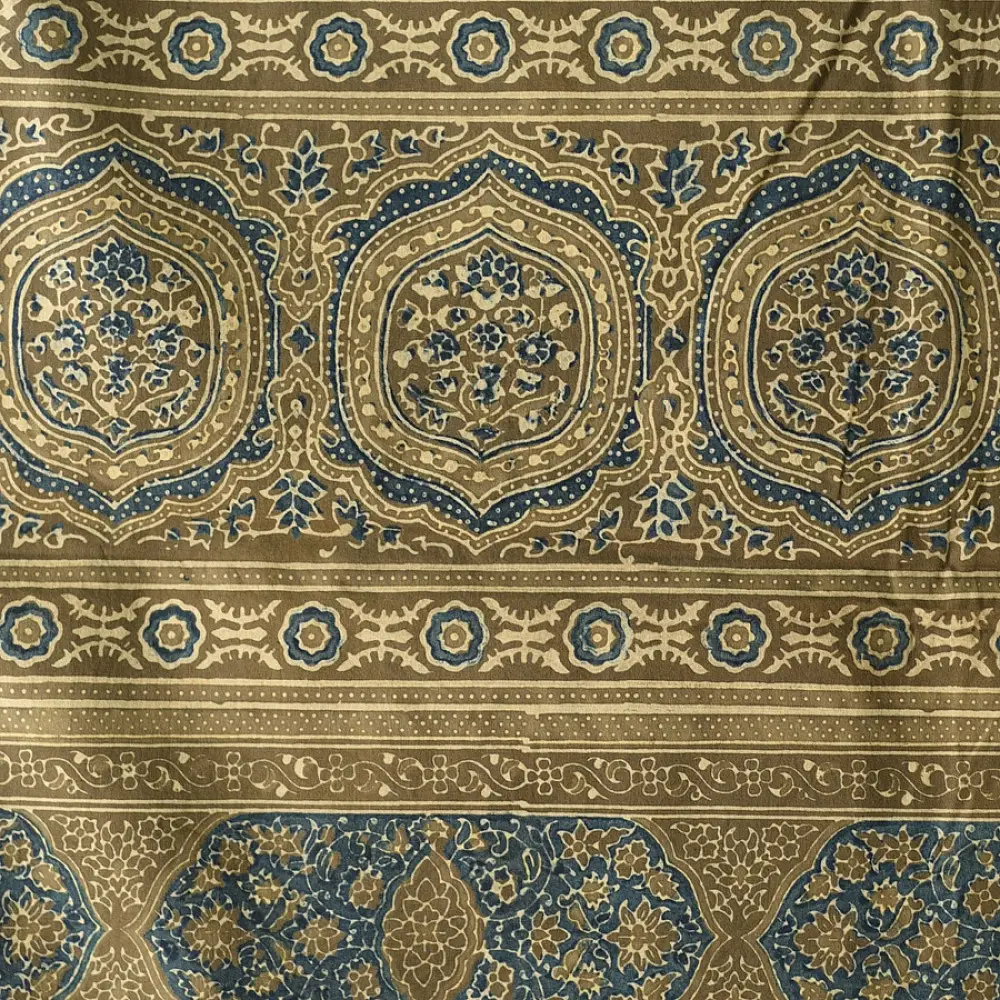 moss green teal blue ajrakh cotton stole hand block printed floral vine jaal body ornate circular medallion border traditional artisanal scarf sustainable fashion natural dyed with tassels