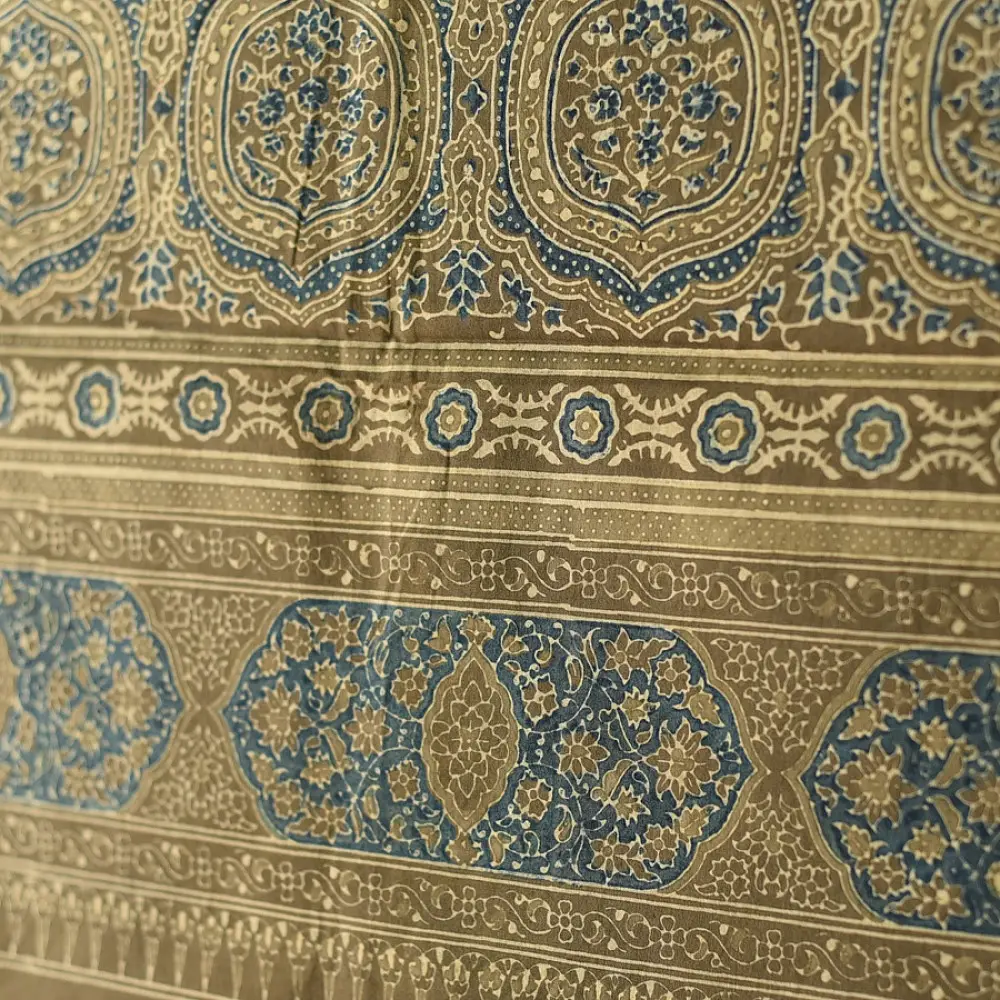 moss green teal blue ajrakh cotton stole hand block printed floral vine jaal body ornate circular medallion border traditional artisanal scarf sustainable fashion natural dyed with tassels