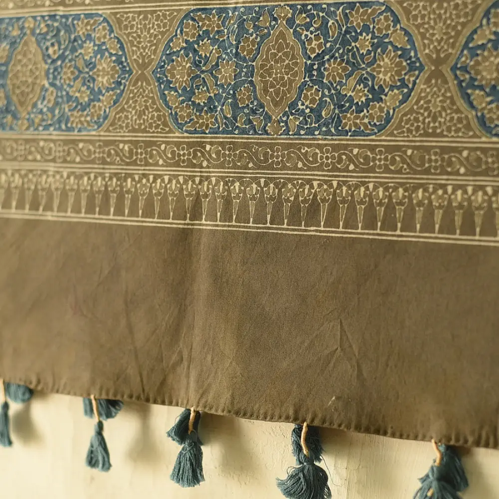 moss green teal blue ajrakh cotton stole hand block printed floral vine jaal body ornate circular medallion border traditional artisanal scarf sustainable fashion natural dyed with tassels