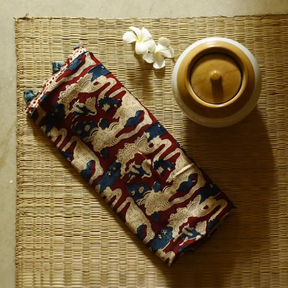 cream indigo blue madder red ajrakh cotton saree hand block printed floral vine pallu interlocking circular motifs traditional ethnic wear sustainable fashion natural dyed
