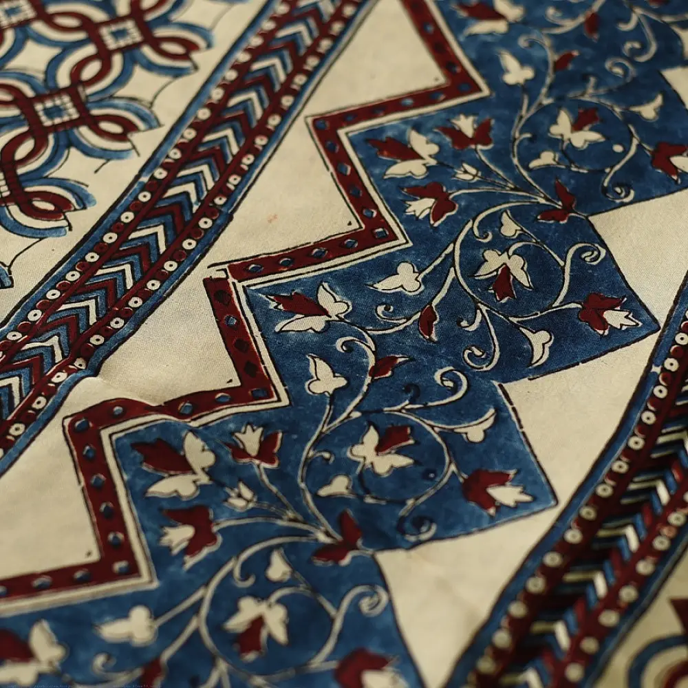 cream indigo blue madder red ajrakh cotton saree hand block printed floral vine pallu interlocking circular motifs traditional ethnic wear sustainable fashion natural dyed