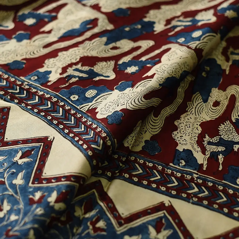 cream indigo blue madder red ajrakh cotton saree hand block printed floral vine pallu interlocking circular motifs traditional ethnic wear sustainable fashion natural dyed