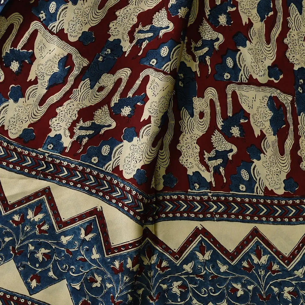 cream indigo blue madder red ajrakh cotton saree hand block printed floral vine pallu interlocking circular motifs traditional ethnic wear sustainable fashion natural dyed