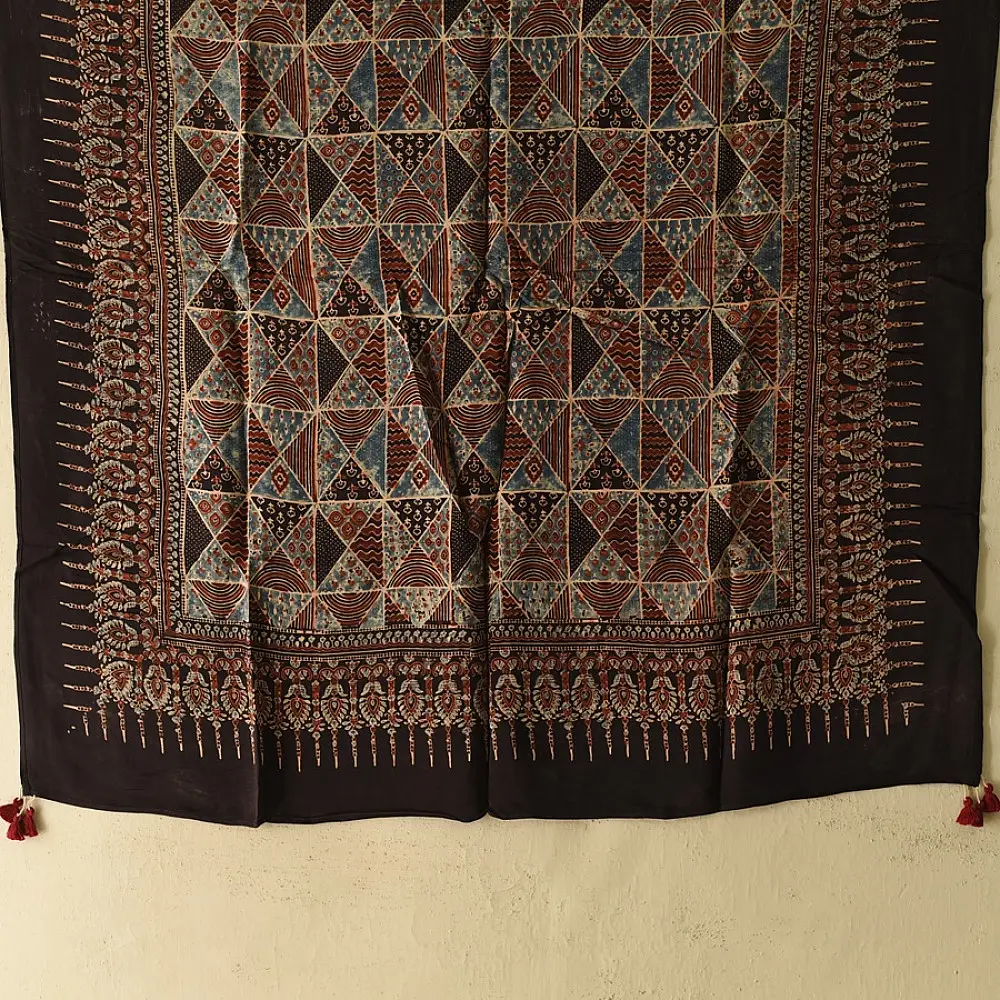blue red black ajrakh silk square scarf triangular geometric pattern intricate hand block printed natural dyed scarf