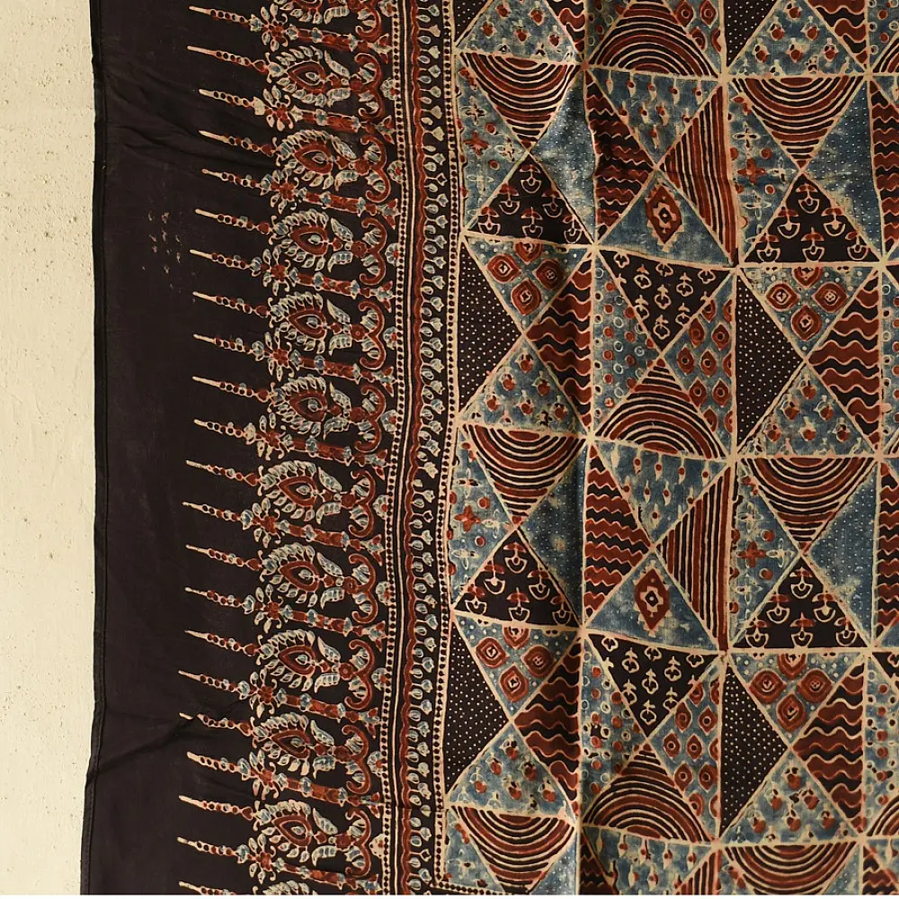 blue red black ajrakh silk square scarf triangular geometric pattern intricate hand block printed natural dyed scarf