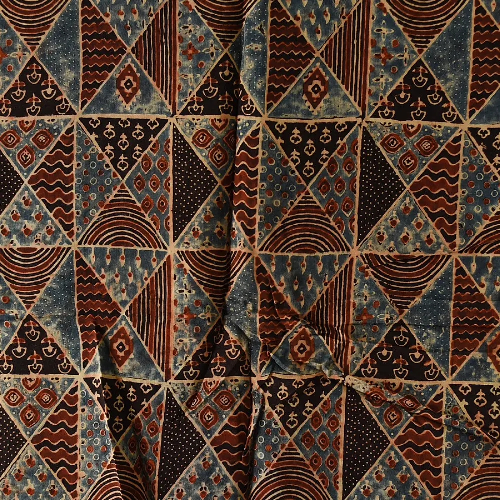blue red black ajrakh silk square scarf triangular geometric pattern intricate hand block printed natural dyed scarf