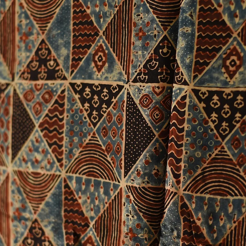 blue red black ajrakh silk square scarf triangular geometric pattern intricate hand block printed natural dyed scarf