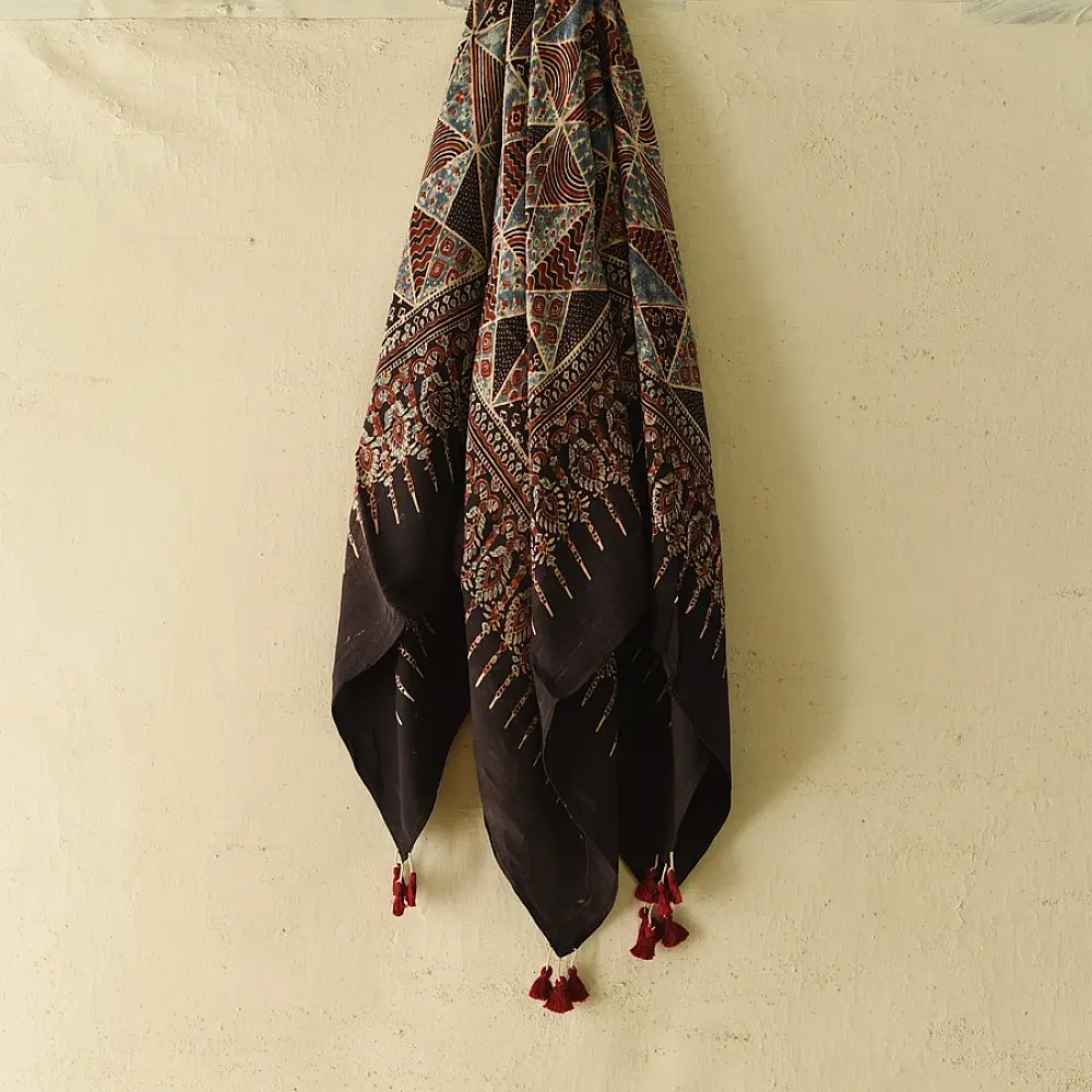 blue red black ajrakh silk square scarf triangular geometric pattern intricate hand block printed natural dyed scarf