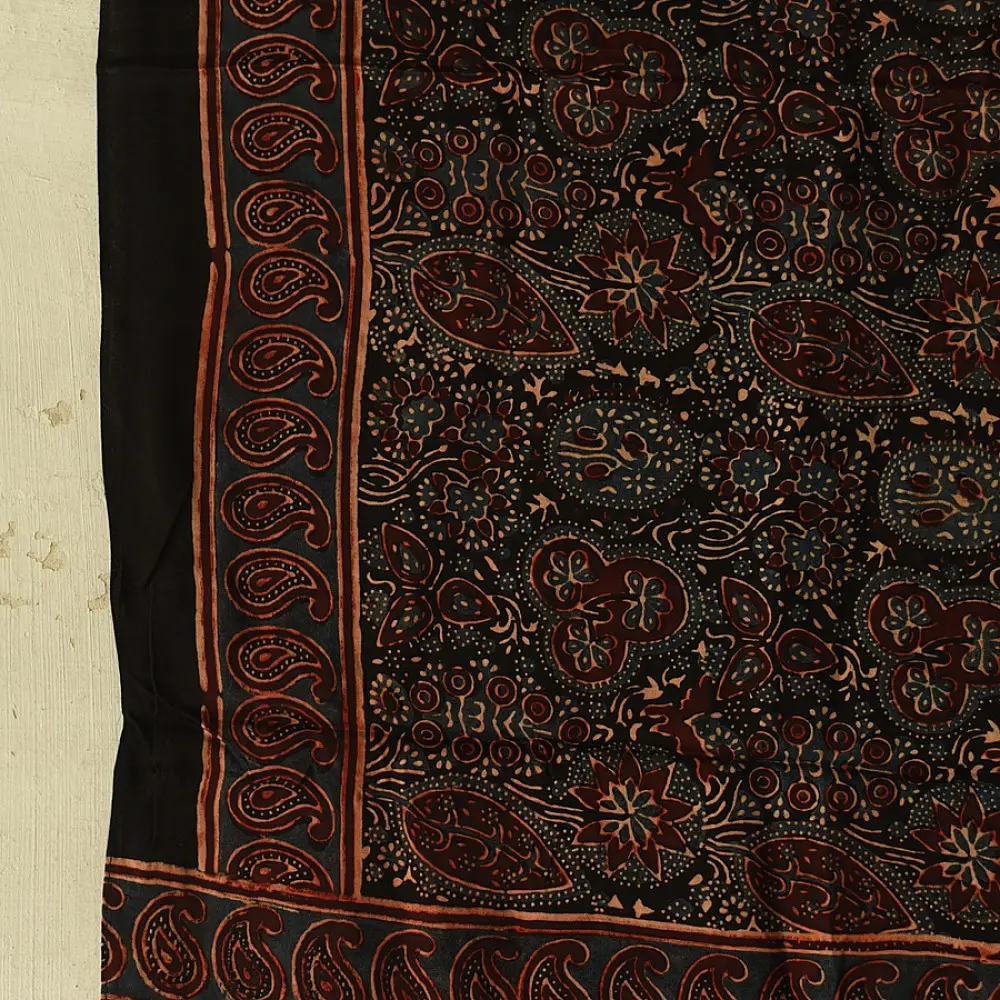 black madder red indigo blue ajrakh modal silk dupatta hand block printed floral mandala jaal body ornate paisley kalka pallu traditional mihrab arched detail wedding festive wear sustainable luxury natural dyed with tassels