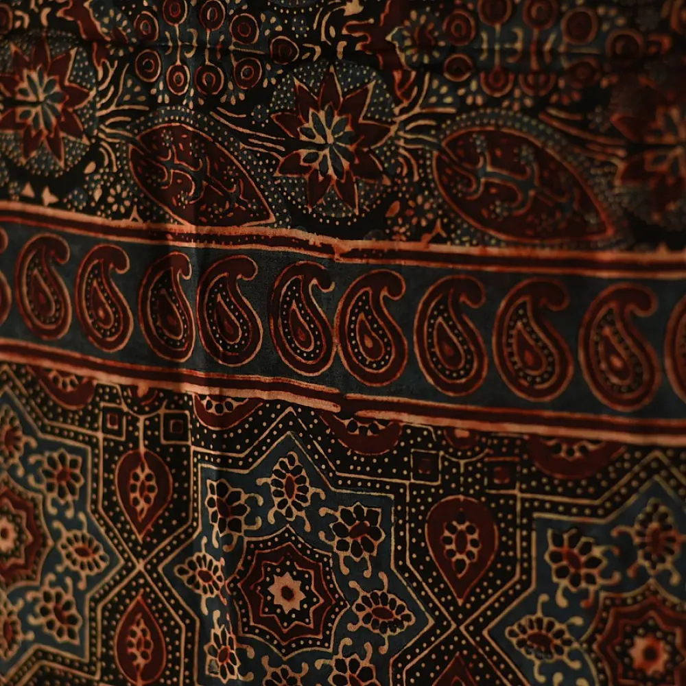black madder red indigo blue ajrakh modal silk dupatta hand block printed floral mandala jaal body ornate paisley kalka pallu traditional mihrab arched detail wedding festive wear sustainable luxury natural dyed with tassels