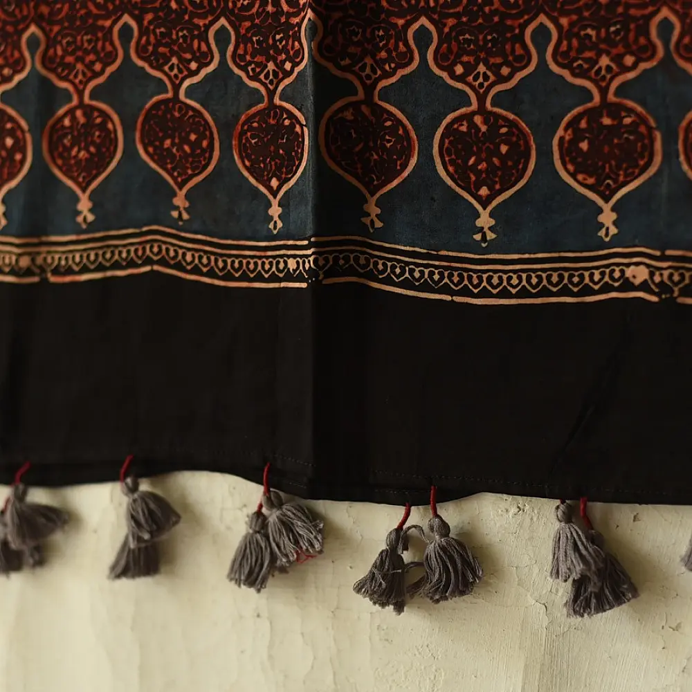 black madder red indigo blue ajrakh modal silk dupatta hand block printed floral mandala jaal body ornate paisley kalka pallu traditional mihrab arched detail wedding festive wear sustainable luxury natural dyed with tassels