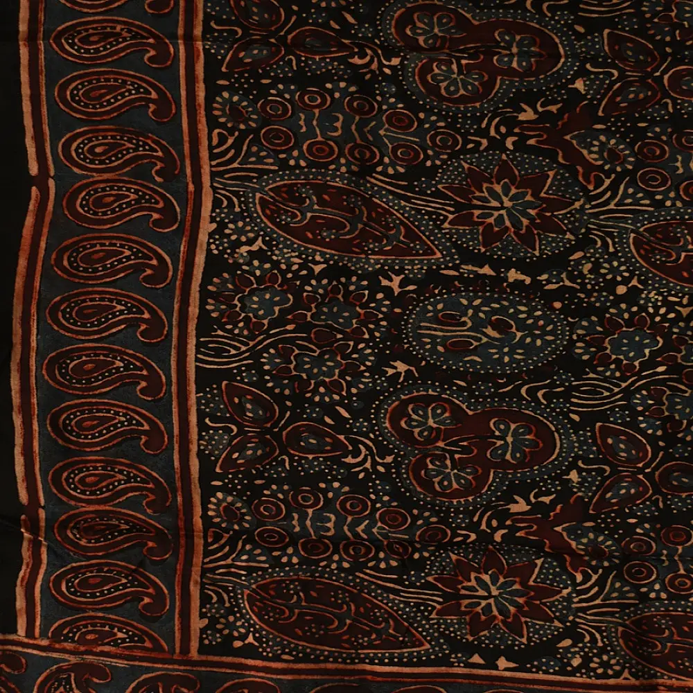 black madder red indigo blue ajrakh modal silk dupatta hand block printed floral mandala jaal body ornate paisley kalka pallu traditional mihrab arched detail wedding festive wear sustainable luxury natural dyed with tassels
