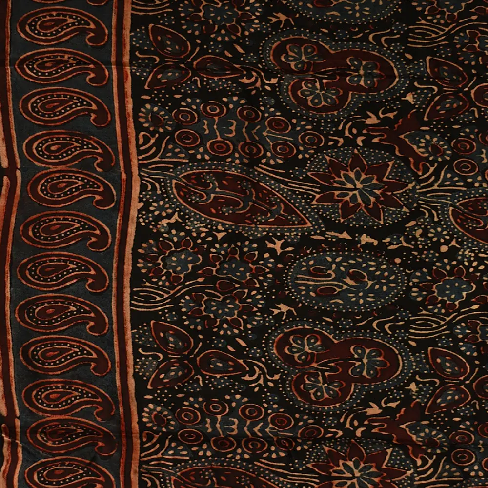 black madder red indigo blue ajrakh modal silk dupatta hand block printed floral mandala jaal body ornate paisley kalka pallu traditional mihrab arched detail wedding festive wear sustainable luxury natural dyed with tassels