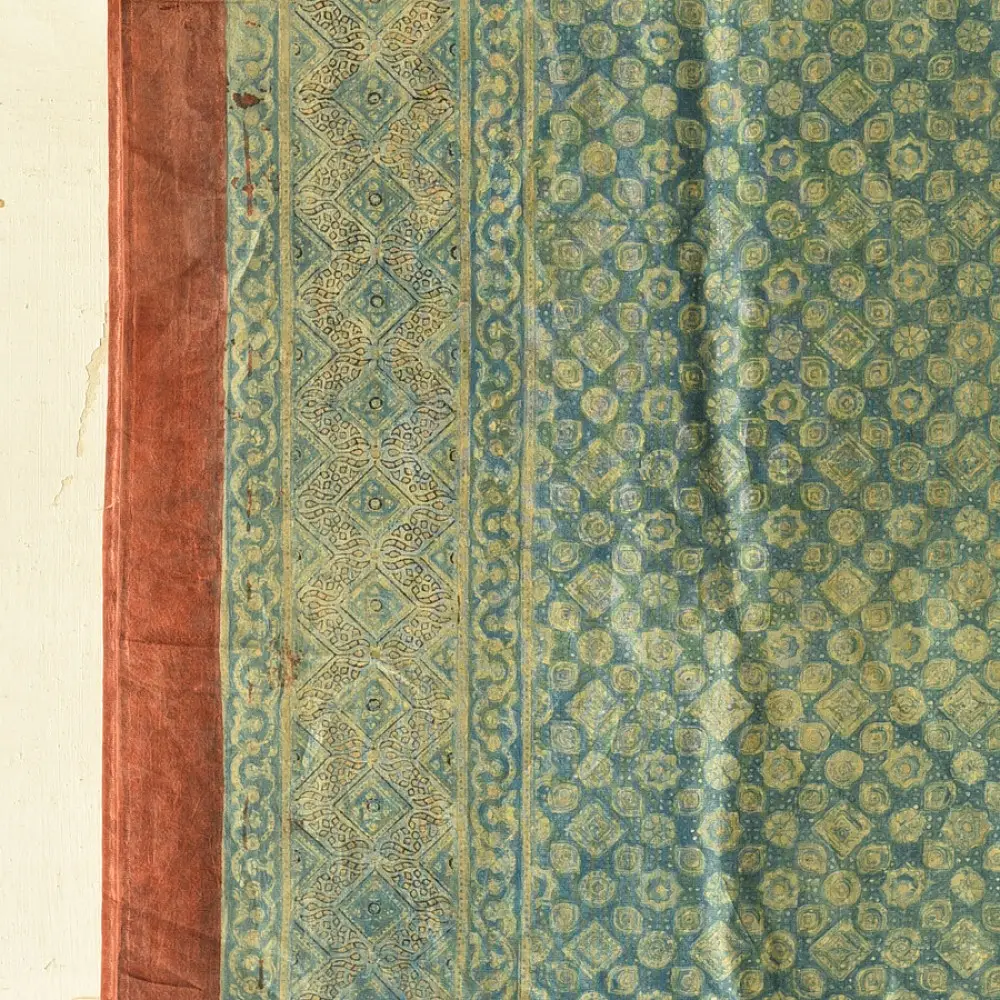 mulberry silk ajrakh dupatta teal indigo blue floral jal-phool jaal block print heavy madder red border hand block printed natural dyed silk dupatta
