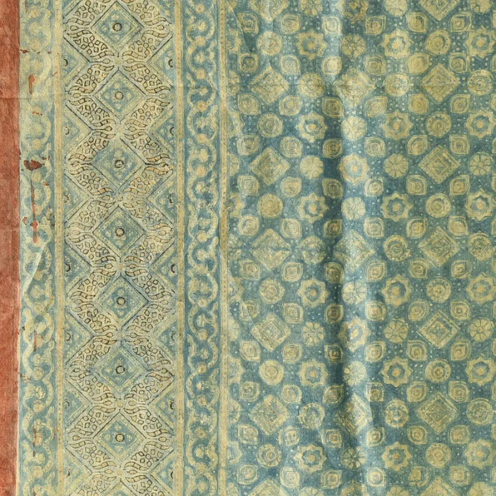mulberry silk ajrakh dupatta teal indigo blue floral jal-phool jaal block print heavy madder red border hand block printed natural dyed silk dupatta