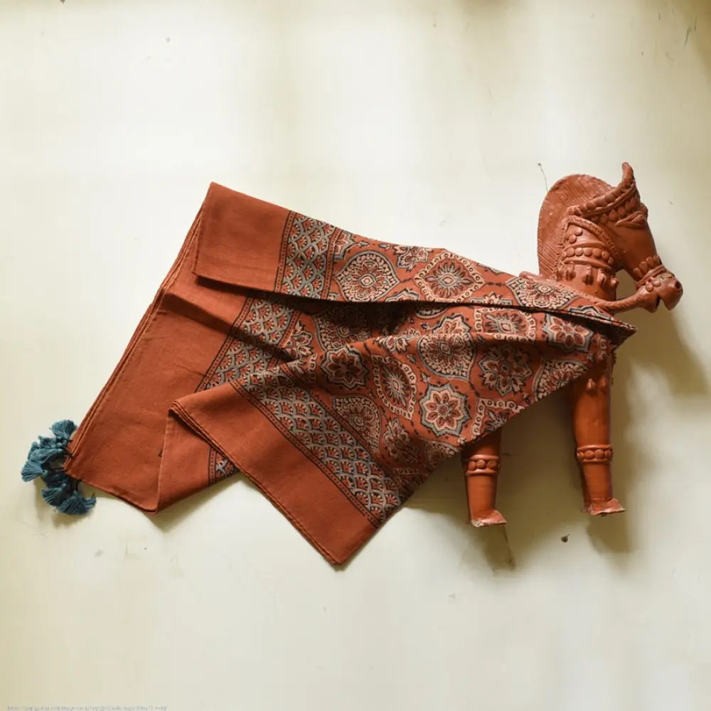 Hand block printed Ajrakh cotton square scarf brown natural dye geometric pattern
