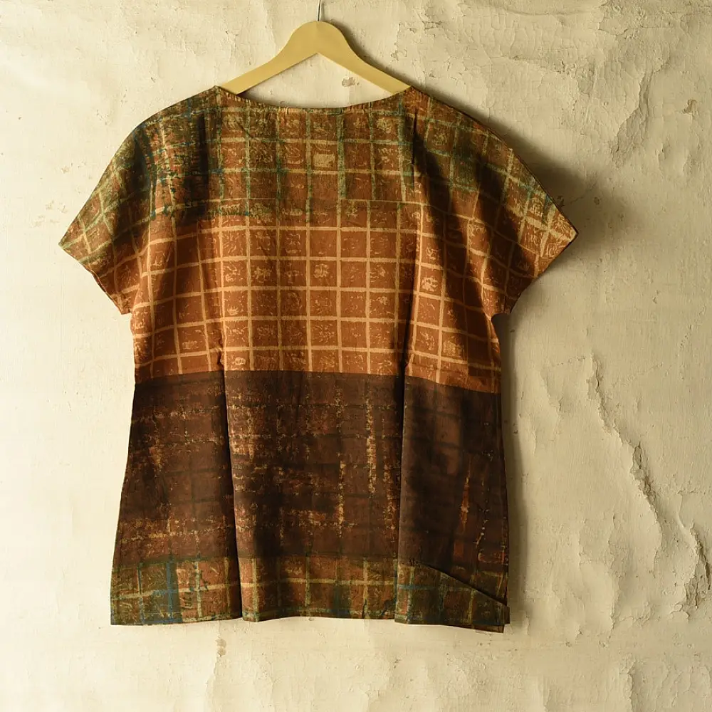 mustard gold earthy brown moss green charcoal ajrakh cotton top horizontal geometric grid block print hand block printed boxy fit artisanal blouse women sustainable fashion natural dyed