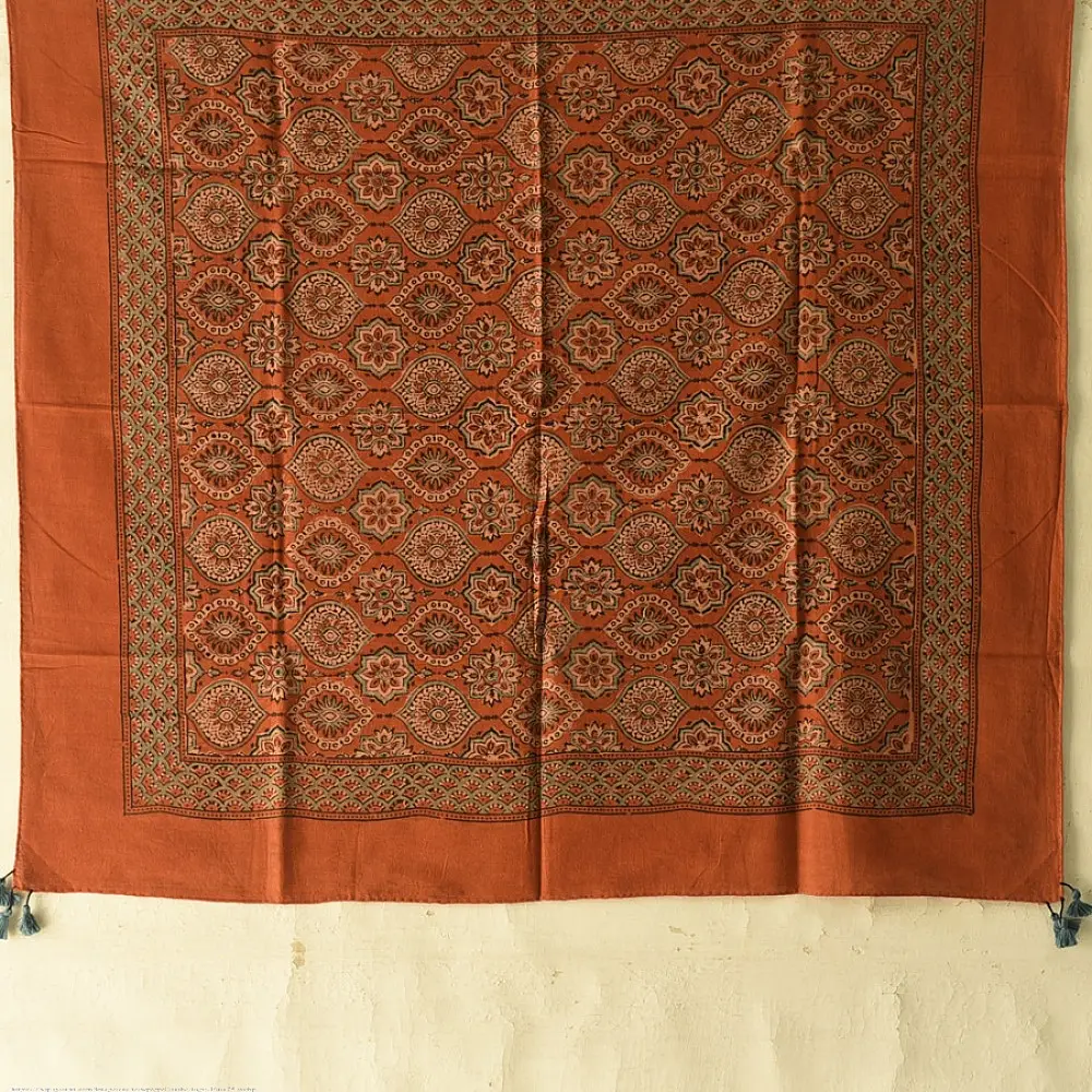 Hand block printed Ajrakh cotton square scarf brown natural dye geometric pattern