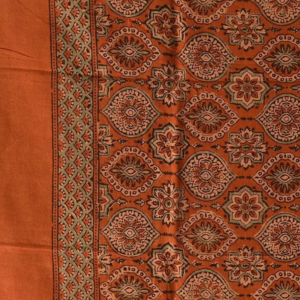 Hand block printed Ajrakh cotton square scarf brown natural dye geometric pattern
