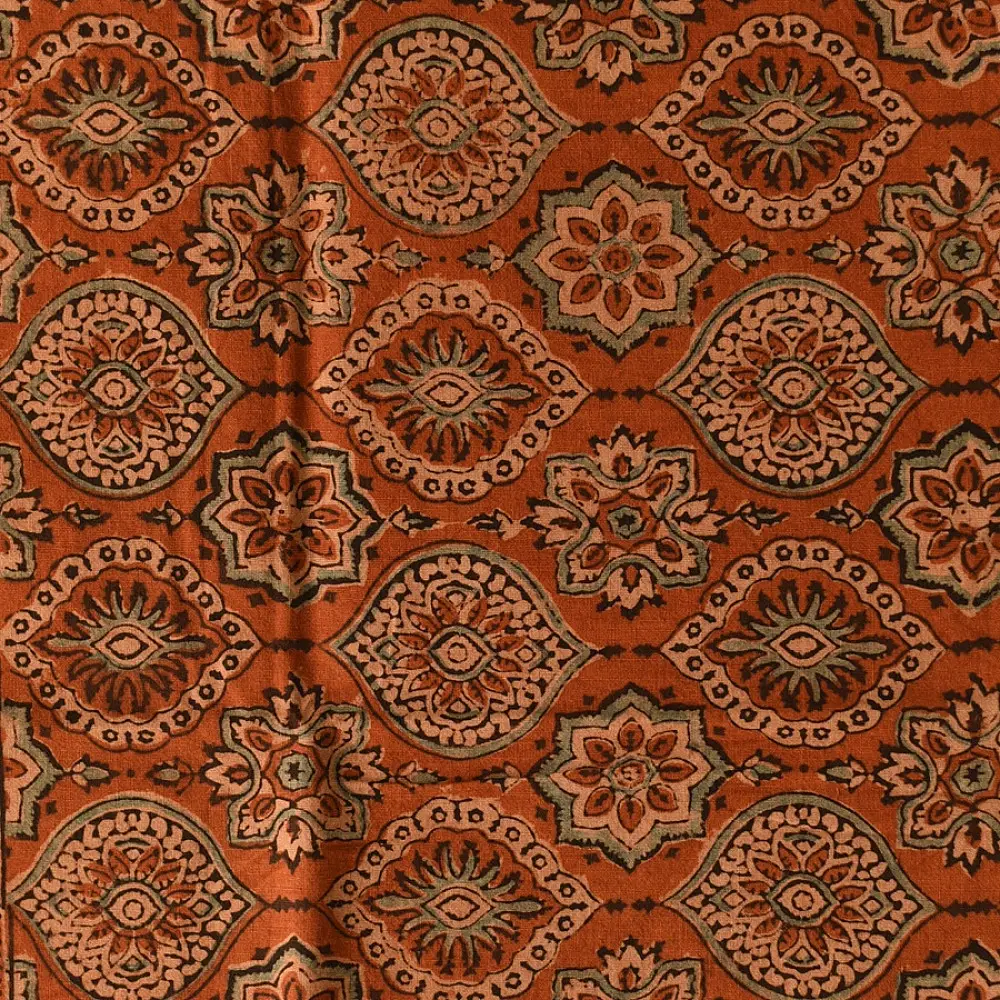 Hand block printed Ajrakh cotton square scarf brown natural dye geometric pattern