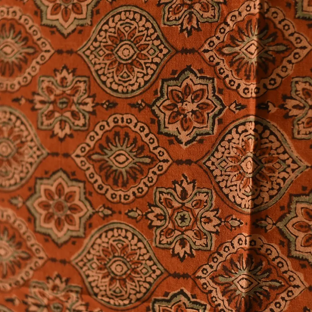 Hand block printed Ajrakh cotton square scarf brown natural dye geometric pattern