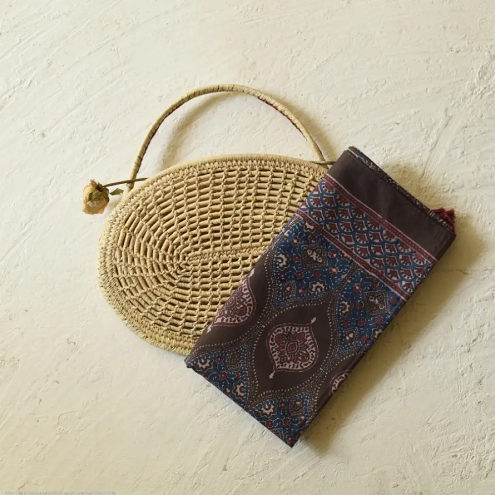 chocolate brown indigo blue madder red ajrakh cotton stole hand block printed floral medallion body ornate petal motif border traditional mihrab arched detail artisanal scarf sustainable fashion natural dyed with tassels