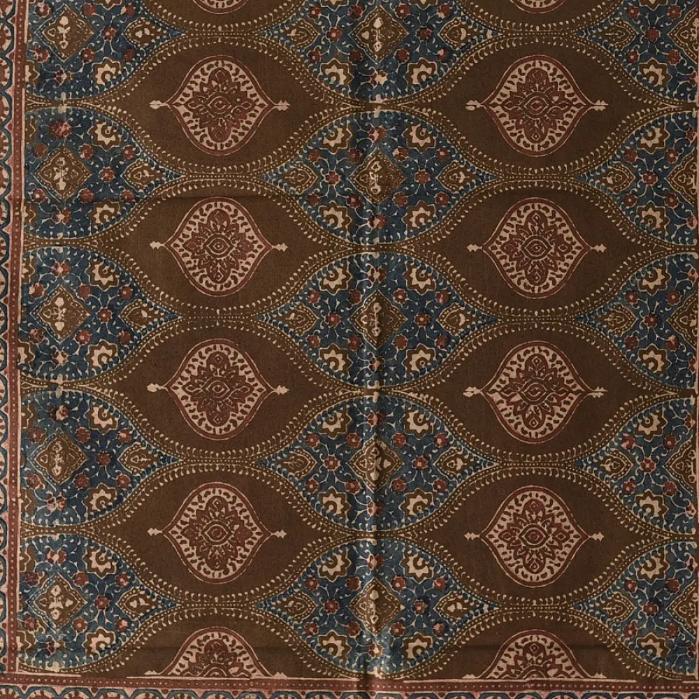 chocolate brown indigo blue madder red ajrakh cotton stole hand block printed floral medallion body ornate petal motif border traditional mihrab arched detail artisanal scarf sustainable fashion natural dyed with tassels