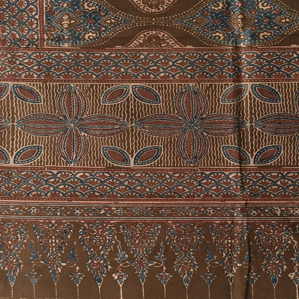 chocolate brown indigo blue madder red ajrakh cotton stole hand block printed floral medallion body ornate petal motif border traditional mihrab arched detail artisanal scarf sustainable fashion natural dyed with tassels