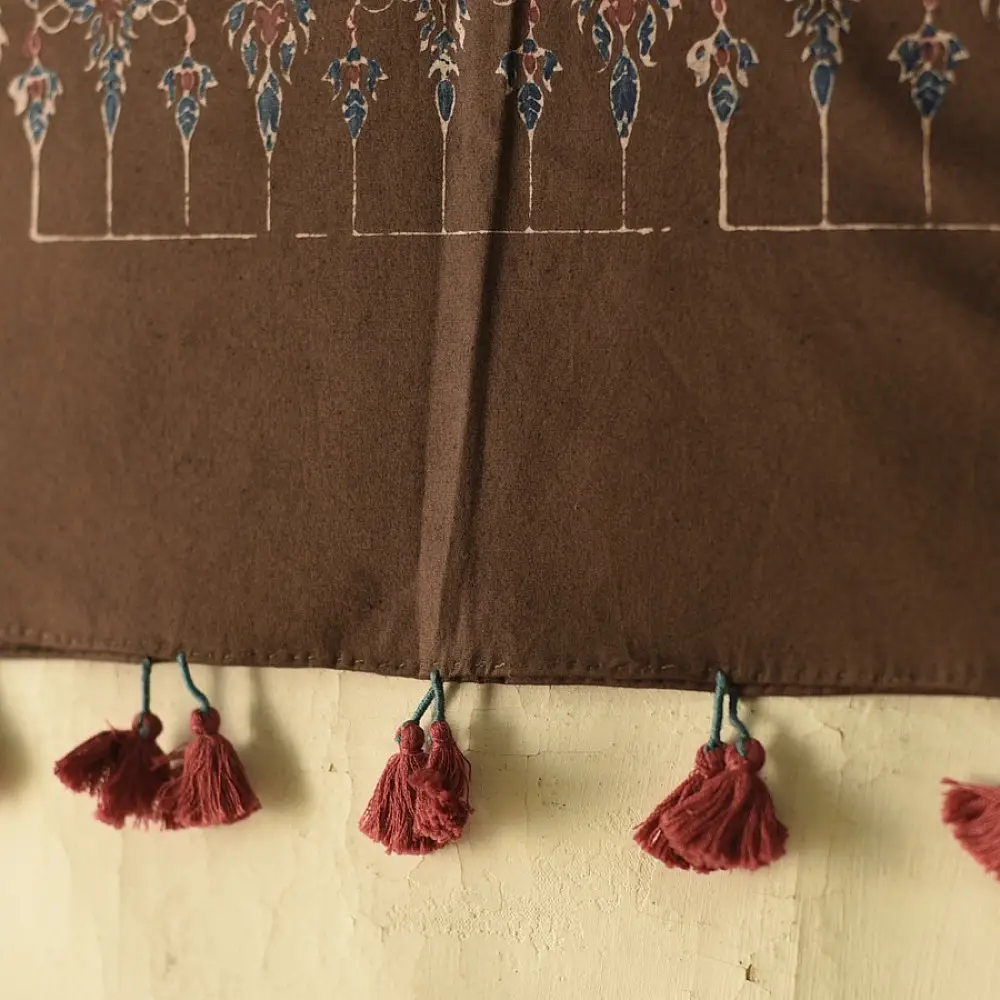chocolate brown indigo blue madder red ajrakh cotton stole hand block printed floral medallion body ornate petal motif border traditional mihrab arched detail artisanal scarf sustainable fashion natural dyed with tassels