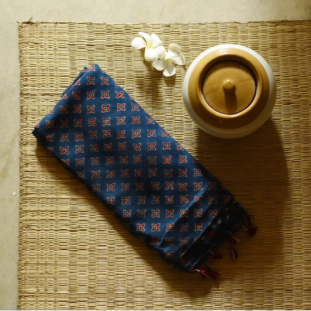 deep indigo blue madder red ajrakh modal silk saree hand block printed geometric buti body bundi medley polka dot pallu traditional ethnic wear sustainable luxury natural dyed with tassels