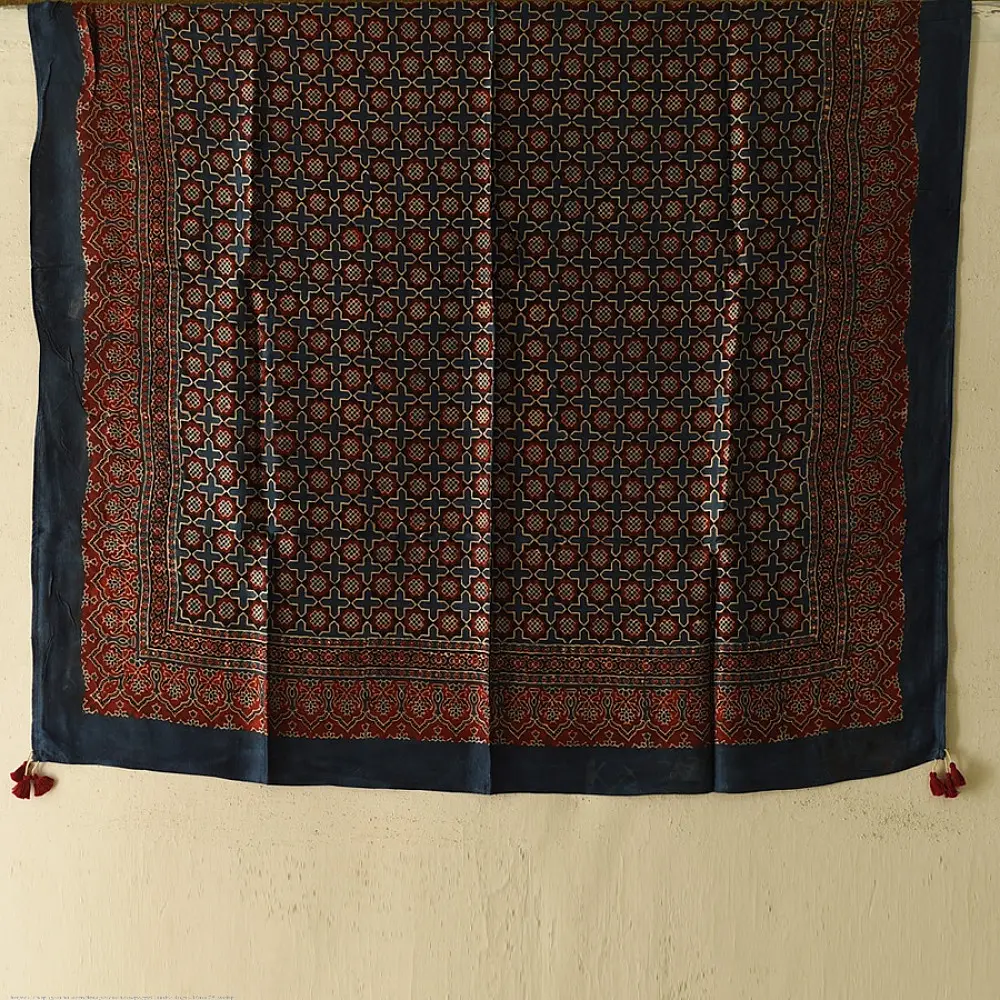 indigo ajrakh silk square scarf jali lattice pattern red filled motifs hand block printed natural dyed scarf