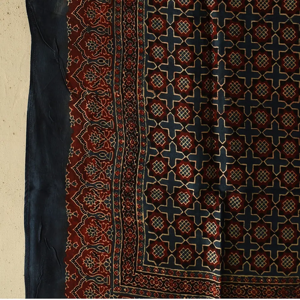 indigo ajrakh silk square scarf jali lattice pattern red filled motifs hand block printed natural dyed scarf