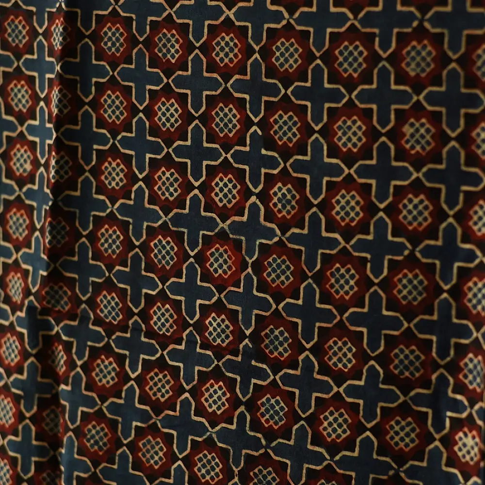 indigo ajrakh silk square scarf jali lattice pattern red filled motifs hand block printed natural dyed scarf